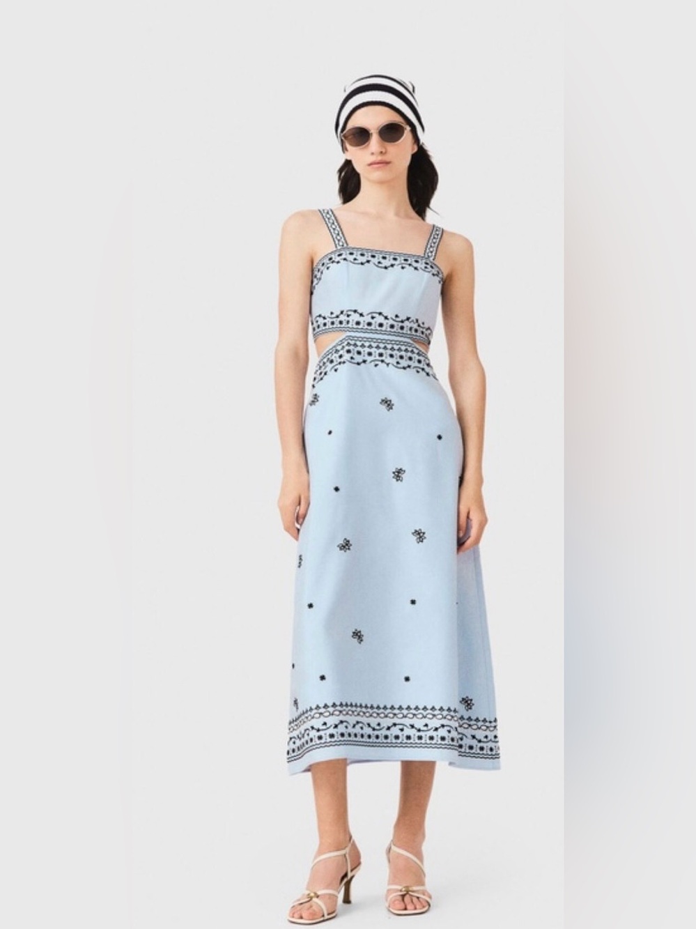 Maje Light Blue Embroidered Midi Dress with Black Trim